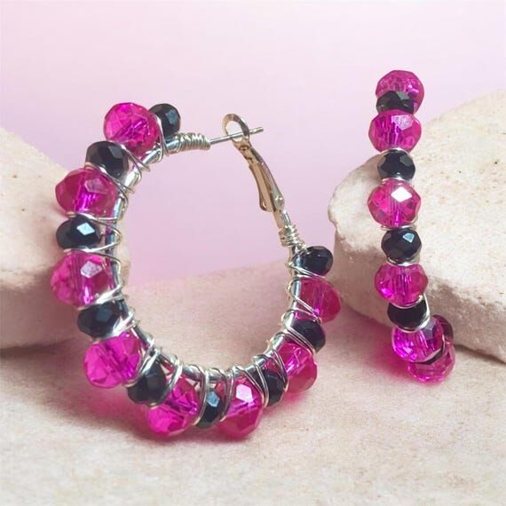 Hot Pink an Black Crystal Earrings: Beaded Ha...