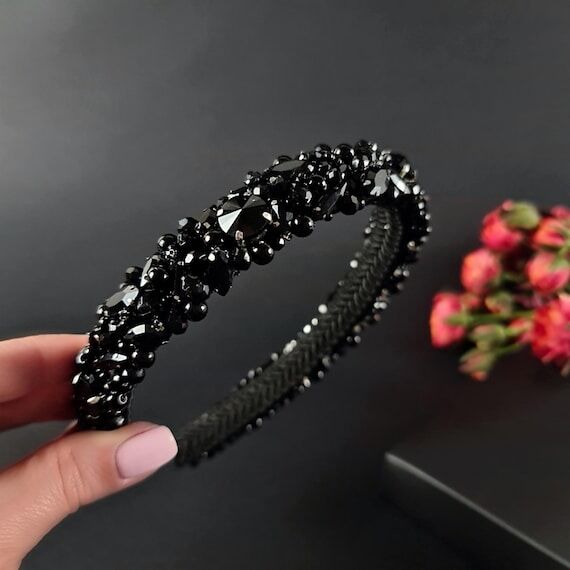 Black Beaded Crystal Headband: Gothic Wedding...