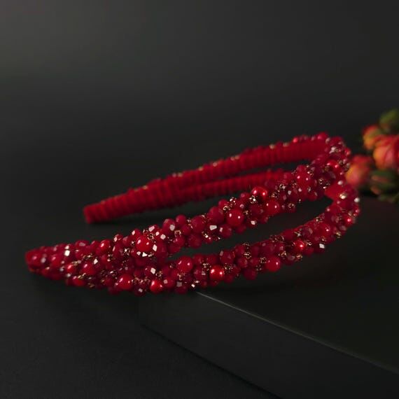 Red crystal double headband Wedding guest hea...