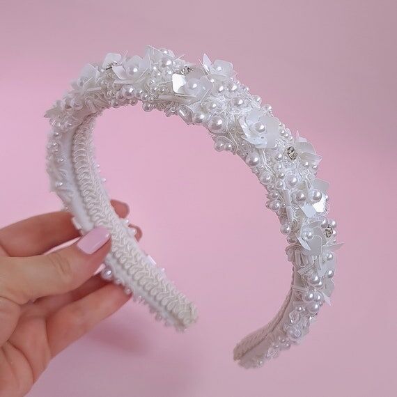 White floral bridal headband Pearl beaded we...
