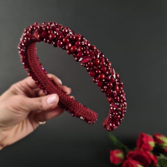 Burgundy Beaded Headband Crystal Wedding Hair...