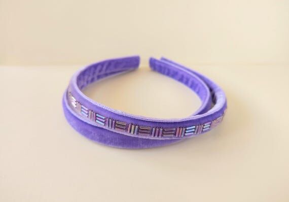 Lilac Velvet Headband, Purple Headband, Beads...