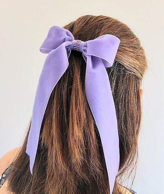 Lilac Velvet Long Bow, Long Tail Bow Clip, Ba...