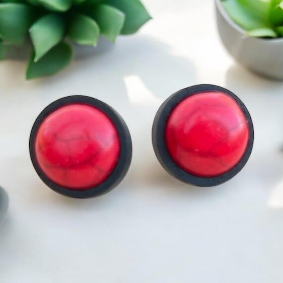 Red Howlite Stud Earrings, Handmade 12mm Wood...