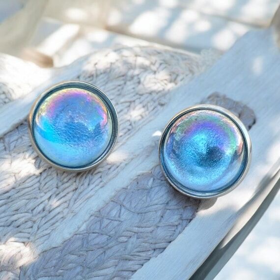 Iridescent Blue Glass Stud Earrings, Handmade...