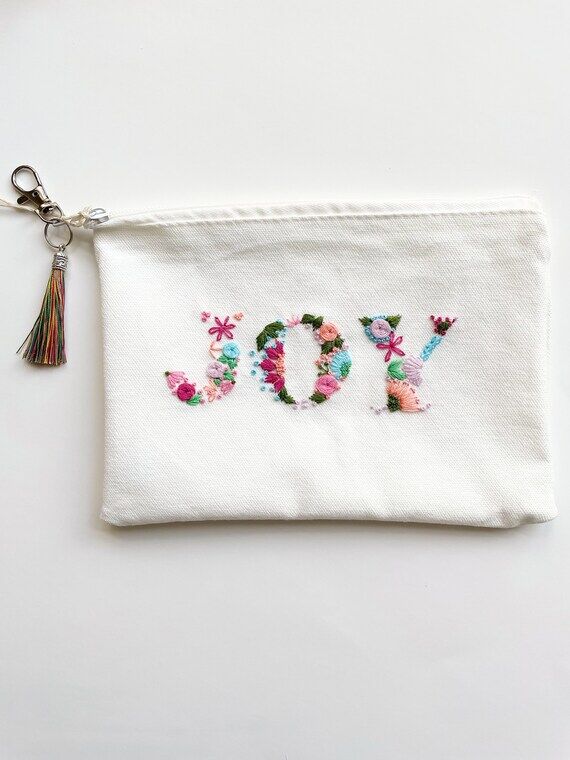 Hand Embroidered Canvas Pouch: Floral 'JOY' D...
