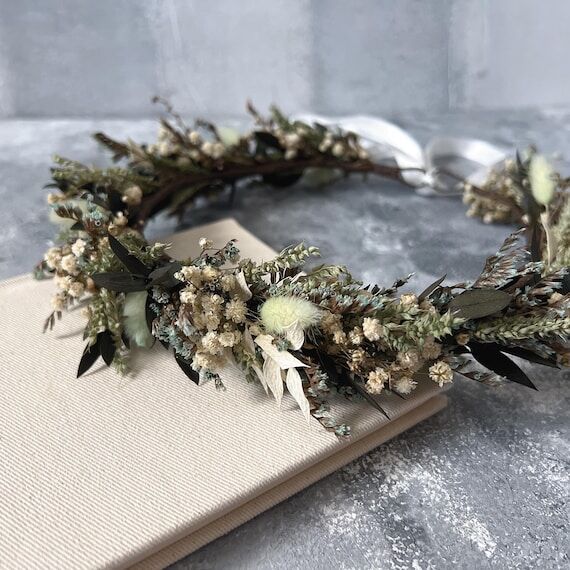 Handmade Sage Green Boho dried flower crown N...
