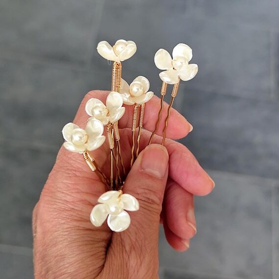 Mother of Pearl Hair Pins, Set of 6 Bridal Fl...