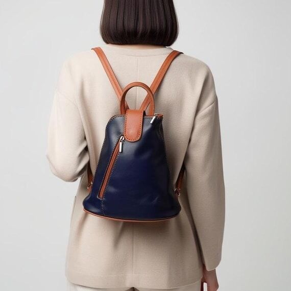 Mini Italian Leather Backpack | Navy & Brown ...