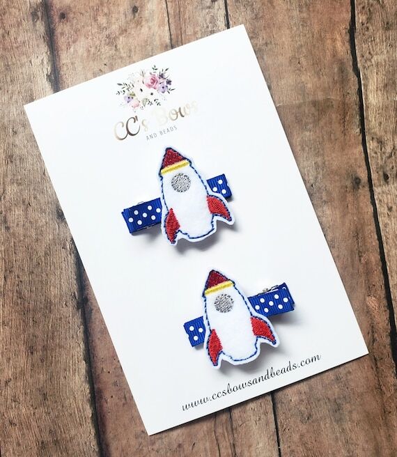 Rocket ship Felt Hair Clips - Set of Two - Pa...