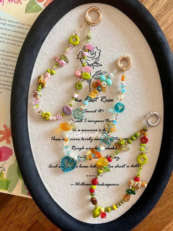 Czech Glass Beaded Phone Charm | Floral Bag C...
