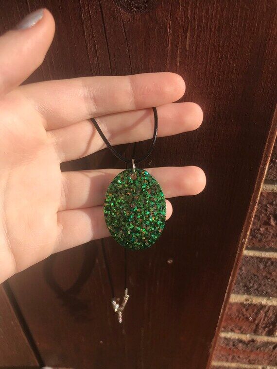 Green glitter resin oval necklace homemade...