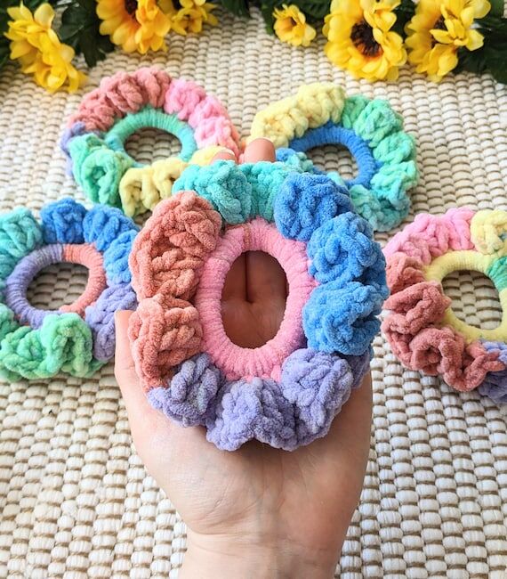 90s Pastel Crochet Scrunchies: Handmade Cheni...