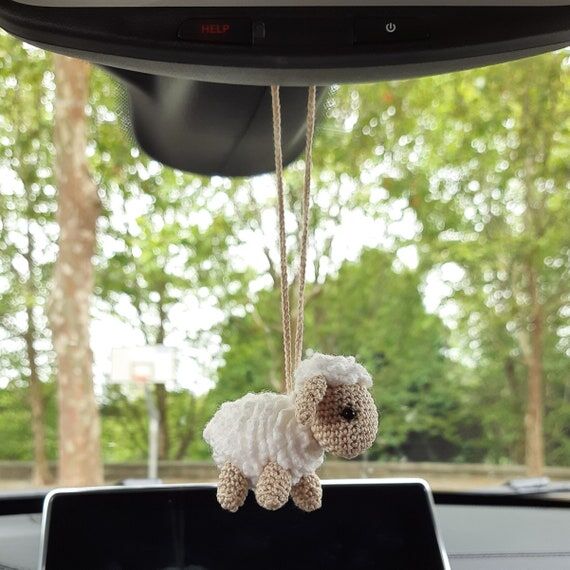 Crochet Sheep Car Charm: Rear View Mirror Han...
