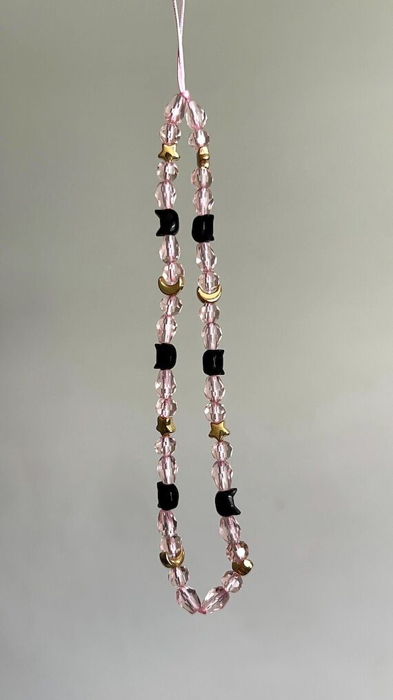 Celestial Cat Phone Strap | Pink Crystal Bead...