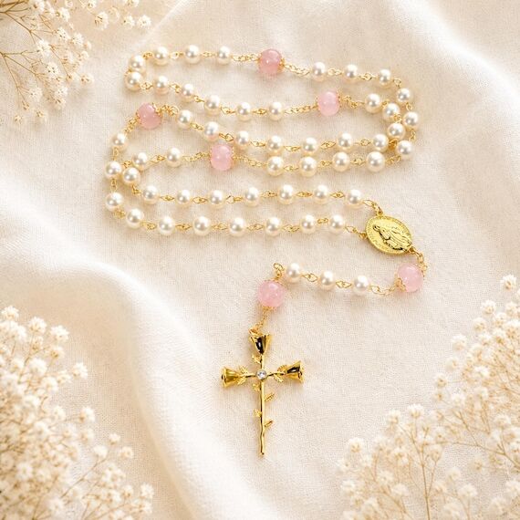 Freshwater Pearl Catholic Rosary with Rose Qu...