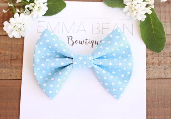 Handmade Powder Blue Swiss Dots Hair Bow...