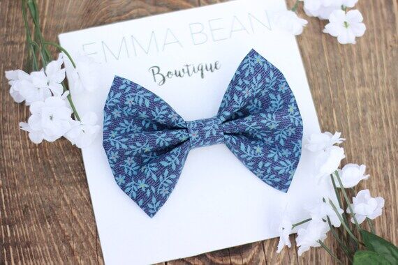 Blue Floral Hair Bow: Handmade Fabric Bow on ...