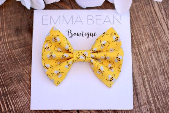 Glitter Bee Hair Bow Clip: Yellow Print Fabri...