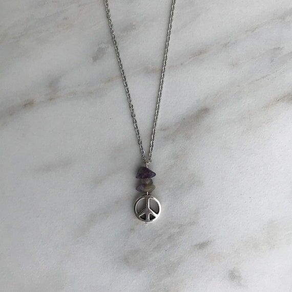 Amethyst Chip Peace Sign Necklace - Stainless...