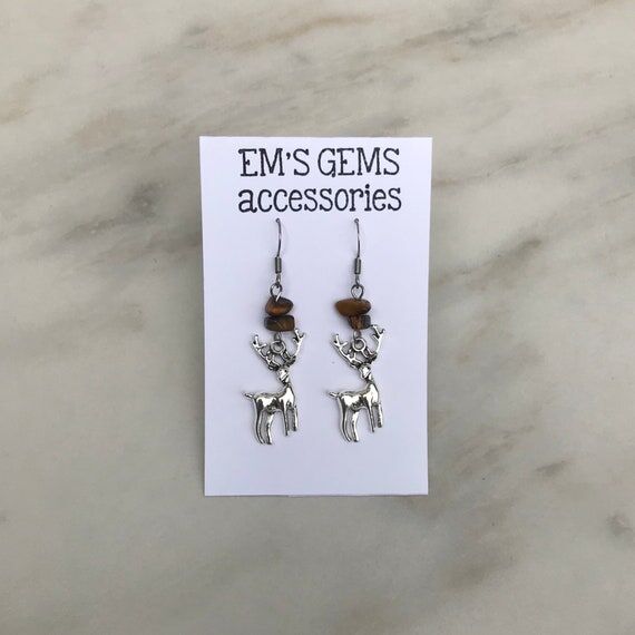 Tiger Eye Deer Earrings: Stainless Steel, Hip...