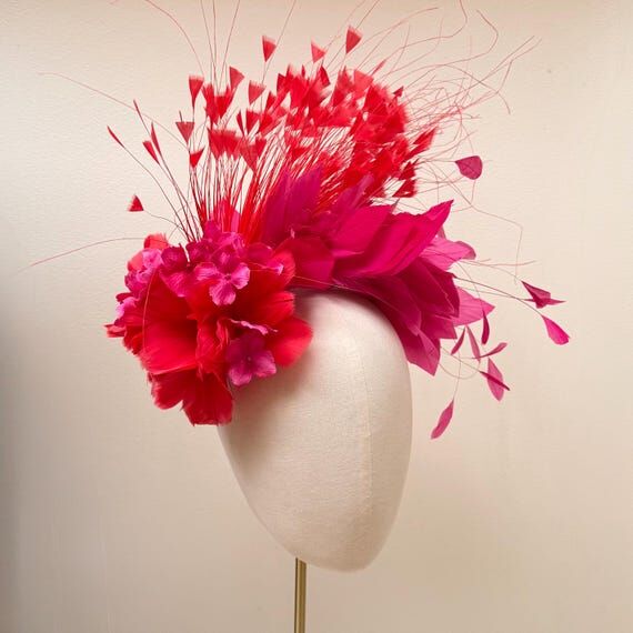 Red pink Feather flower Fascinator Headband c...