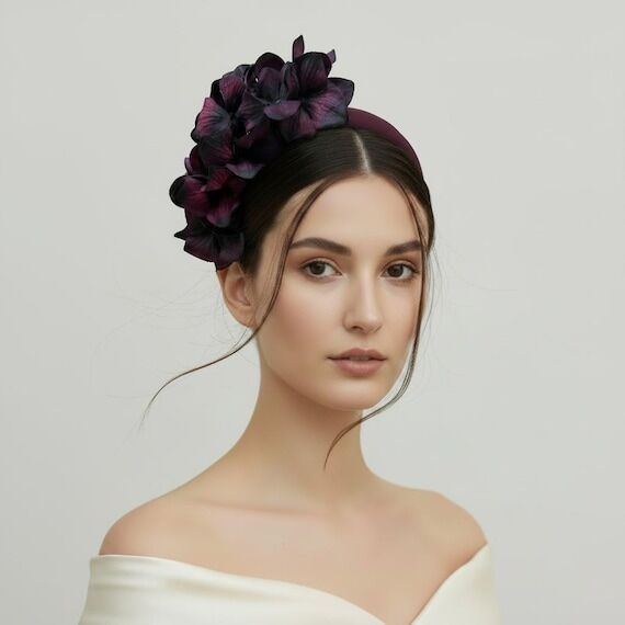 Plum Hydrangea Flower Crown Fascinator, Silk ...