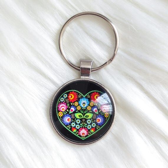 Polish Folk Art Keychain, Floral Heart Glass ...