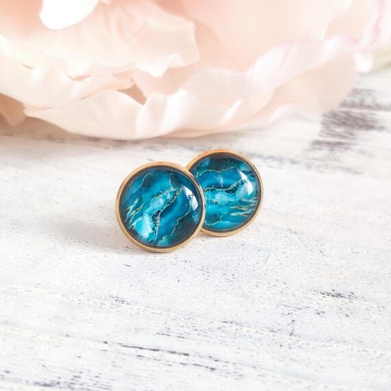 Turquoise Stud Earrings, Blue Gold 12mm Caboc...