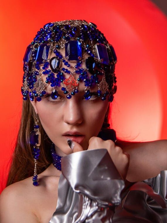 Crystal Blue Chain Headpiece, Bohemian Hair J...