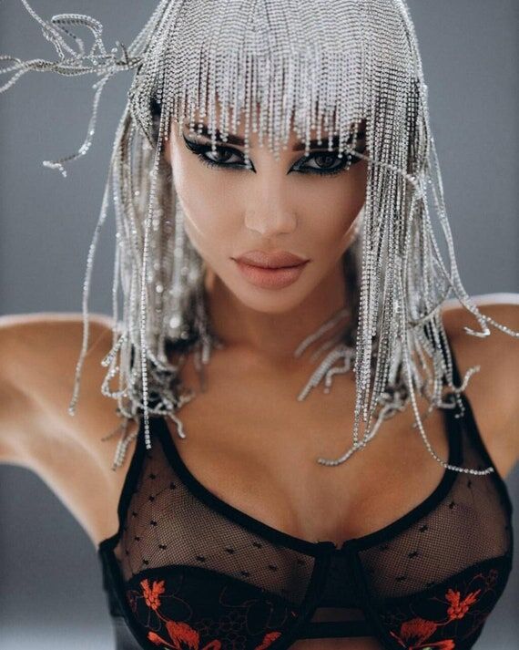 Rhinestone Fringe Wig, Silver Chain Headpiece...