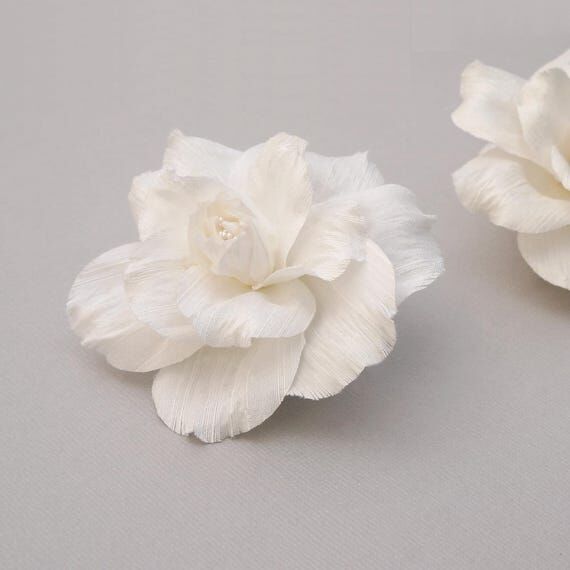 Handmade White Silk Camellia Brooch, Wedding ...
