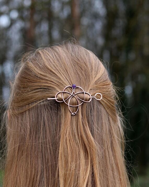 Celtic Hair Clip Copper Barrette with Gemston...