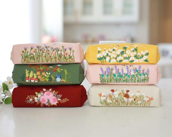 Hand Embroidered Pencil Case with Flower Embr...