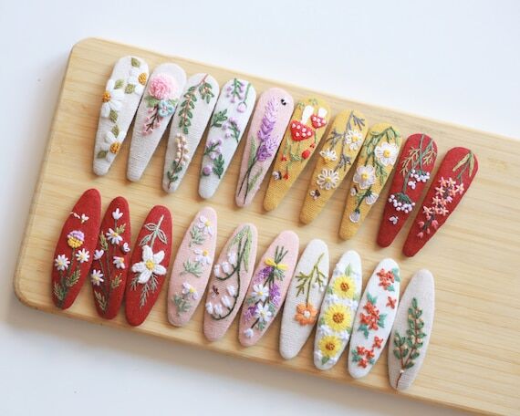 Flower Hair Clips, Handmade Floral Embroidere...