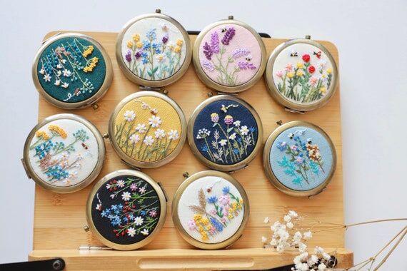 Floral Embroidered Compact Mirror, Pocket Mir...