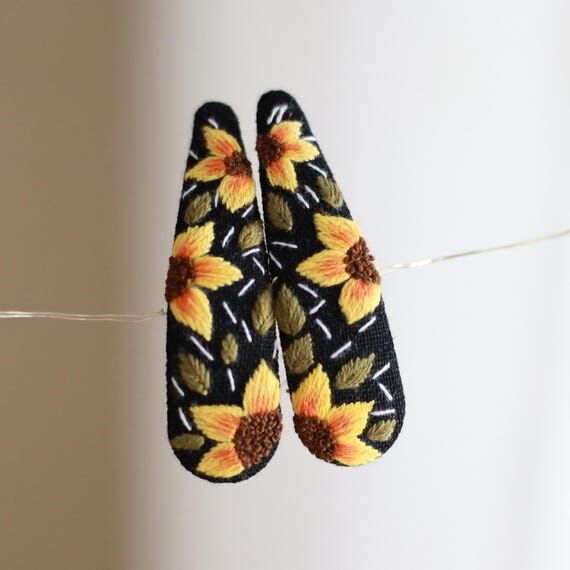 Sunflower Hair Clips, Hand Embroidered (No Social Media) C...