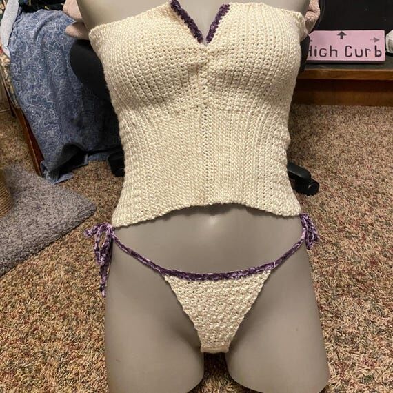 Handmade Crochet Lingerie Set: Lace-Up Corset...