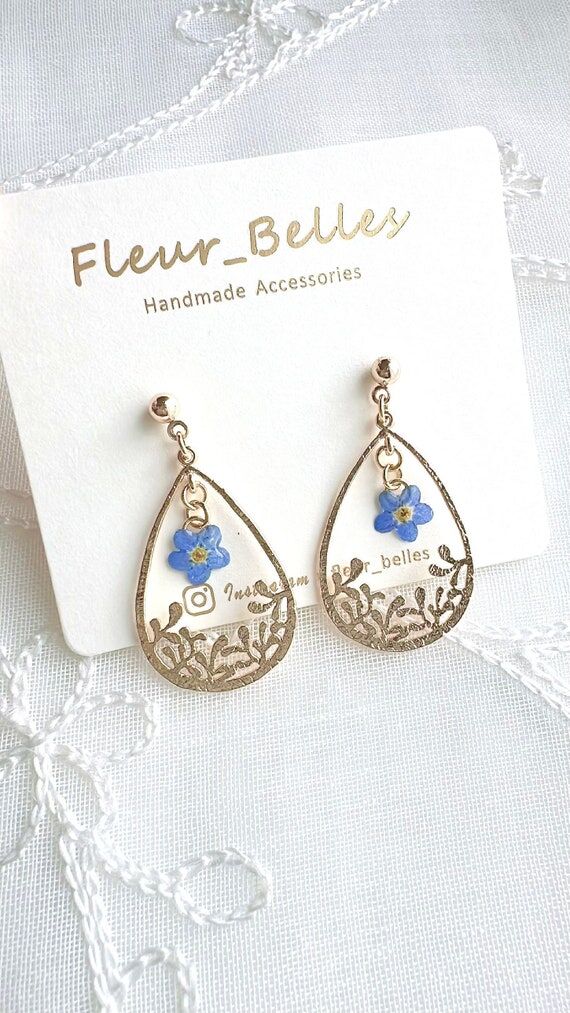 Real Forget Me Not Flower Earrings Handmade G...