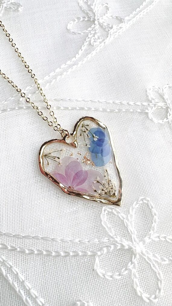 Real Hydrangea Heart Shaped Necklace Handmade...