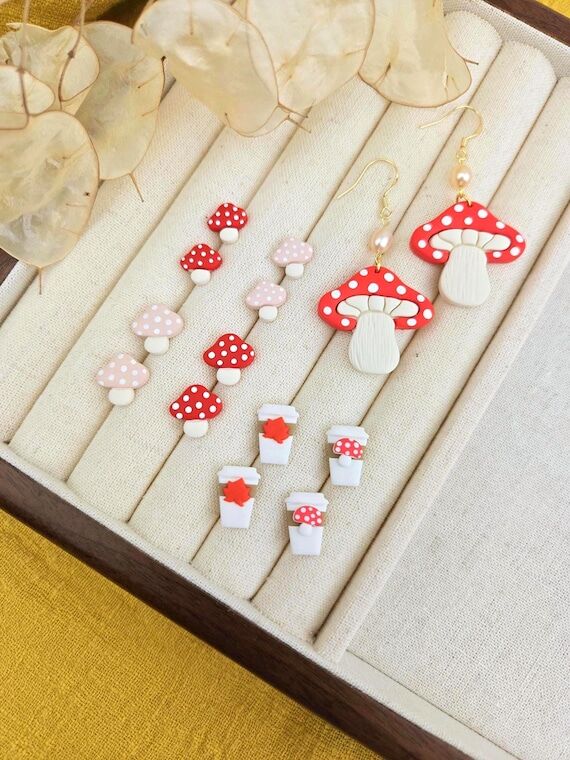 Autumn Inspired Mushroom Clay Stud Earrings H...