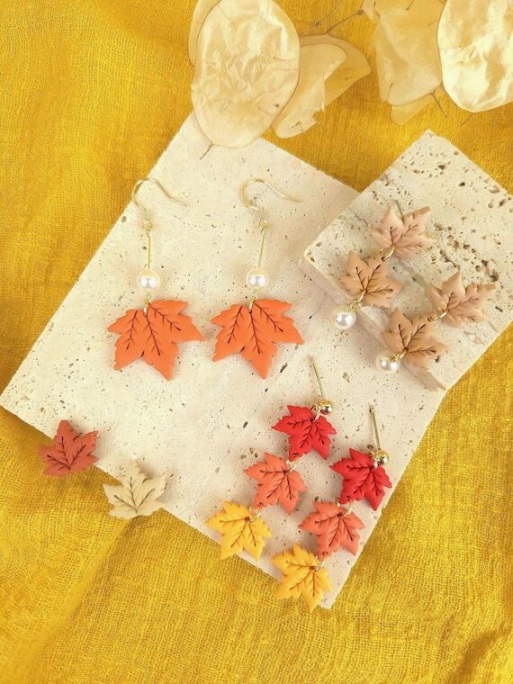 Handmade Maple Leaf Polymer Clay Earrings Jew...