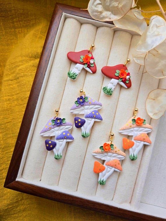 Mushroom Polymer Clay Earrings Handmade Fores...