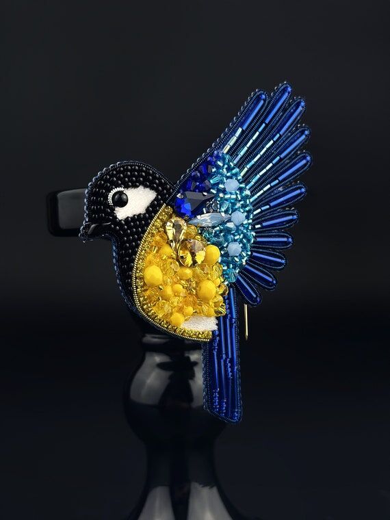 Handcrafted Titmouse Brooch: Rhinestone Beade...