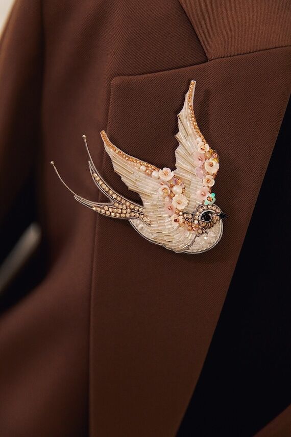 Beaded Swallow Brooch: White Bird Pin with Cr...