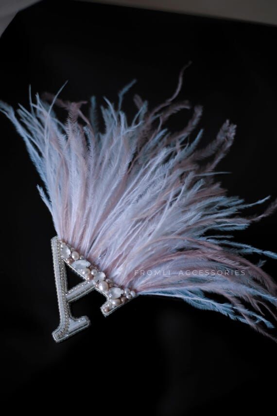 Monogram Feather Pin, Custom Initial Brooch w...