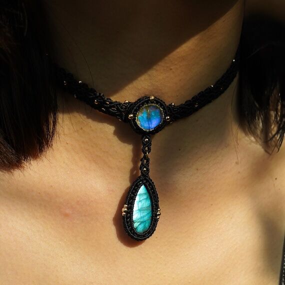 labradorite necklace,Crystal macrame choker, ...