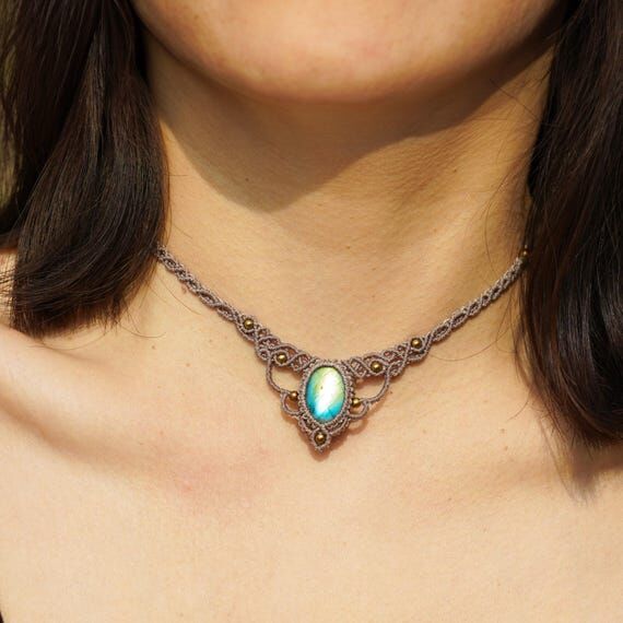 Handmade Labradorite Macrame Necklace-Boho He...