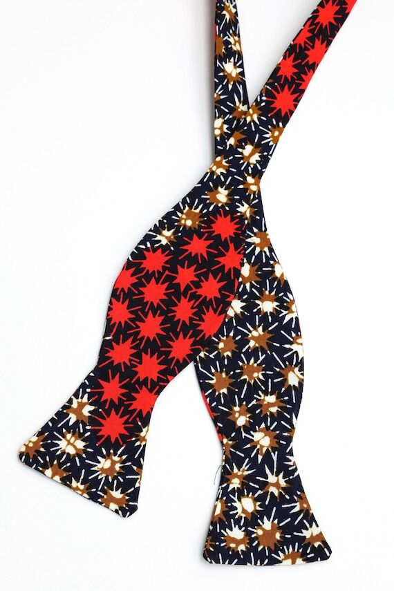 African Fabric Bow Tie, Red and Brown, Self T...