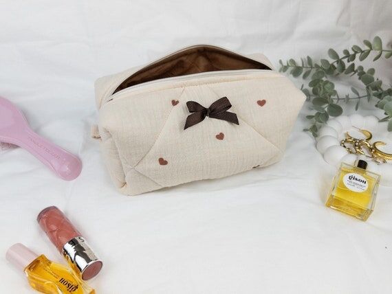 Quilted Muslin Makeup Bag, Brown Hearts, Cosm...